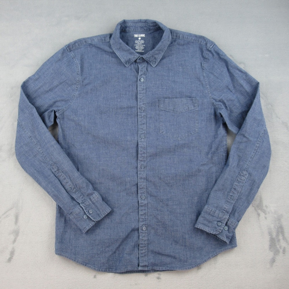 True Classic Mens Large Blue Chambray Long Sleeve Button Down Shirt 123-665